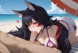 ai_generated ass_up beach black_hair blowjob blush breasts cleavage curvy deepthroat female heart hexd hololive hololive_gamers hololive_japan large_breasts large_penis multicolored_hair ocean ookami_mio orange_eyes red_hair virtual_youtuber wolf_ears wolf_girl