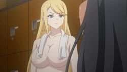30_seconds 3girls animal_ears animated anime anime_screenshot ass black_hair blonde_hair blue_eyes breasts cat_ears cat_girl cecile_(aiomodarkelf) chotto_dake_ai_ga_omoi_dark_elf_ga_isekai_kara_oikakete_kita collarbone completely_nude dark-skinned_female dark_elf dark_skin elf green_eyes hair_between_eyes highres large_breasts linea_alba long_hair mariabelle_(chotto_dake_ai_ga_omoi_dark_elf_ga_isekai_kara_oikakete_kita) mei_(aiomodarkelf) mole mole_under_eye multiple_girls navel nipples nude official_animation one_eye_closed pink_hair pointy_ears shirt sidelocks slit_pupils smile sound stomach tagme towel towel_around_neck video white_shirt