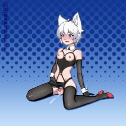 1boy ahoge animal_ears arm_support aroused artist_name belt_buckle black_gloves black_thighhighs blue_background blue_eyes blue_polka_dots blue_pupils blush bob_cut bondage_outfit buckle chastity_cage chastity_cage_strap chinese_commentary collarbone commentary_request cum cum_on_body cum_on_floor cum_on_testicles detached_collar dildo elbow_gloves embarrassed eyelashes flat_chest full-face_blush full_body gloves gradient_background hair_between_eyes hand_on_ground harness high_heels highres holding holding_sex_toy looking_down lower_teeth_only nipple_bar nipple_piercing nose o-ring o-ring_harness on_floor open_mouth original otoko_no_ko piercing polka_dot polka_dot_background raised_inner_eyebrows red_shoes revealing_chastity_cage revealing_clothes sex_toy shengshouqlw shoes short_hair shoulder_blush sitting skinny small_chastity_cage solo strap-on tearing_up teeth testicles thighhighs topless_male underbust wariza white_hair wolf_ears wrist_cuffs