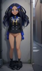 1girls ai_generated alleyway black_hair black_jacket black_pants black_shoes black_socks blue_gloves blue_shirt bottomless caught eyelashes full_body geeta_(pokemon) long_hair multicolored_hair neck_ribbon nervous open_mouth pants_down pigeon-toed pokemon pokemon_sv pussy solo yellow_ribbon