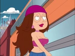 animated beanie belly belly_button belly_exposed big_breasts big_lips bimbo bimbo_body bimbo_lips boots breasts brown_hair brunette_hair choker curvy ear_pearls ear_piercing earrings family_guy heels high_heel_boots high_heels hips lips long_hair meg_griffin multiverse_meg official_art seth_macfarlane skirt tagme thick thick_hips tubetop video wide_hips