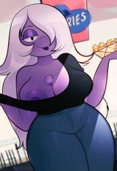 amethyst_(steven_universe) arkeus breasts breasts_out cartoon_network crystal_gem french_fries long_hair mischievous nipple_slip purple_hair smirking steven_universe teasing thick thick_ass thick_thighs tounge_out