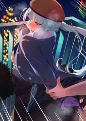 1boy absurdres blush breasts breath censored clothed_sex doggy_style female gloves grey_hair hat highres kashiwagi_saki long_hair long_sleeves mosaic_censoring nekouta night nipples ongeki open_mouth outdoors public_indecency sex side_ponytail skirt solo solo_focus tree yellow_eyes