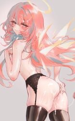 1boy absurdres arknights ass black_thighhighs censored closed_eyes cum cum_on_body cum_string detached_wings facial female garter_belt grey_background halo highres lemuen_(arknights) long_hair mosaic_censoring myluche nude penis pink_eyes pink_hair simple_background smile straight thighhighs wings yellow_halo