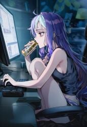 ai_generated black_crop_top computer_keyboard computer_monitor computer_screen office_chair purple_hair raaicave soda_can tired_eyes vivian_(zenless_zone_zero) zenless_zone_zero