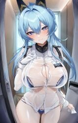 absurdres ahoge bikini bikini_under_clothes blue_bikini blue_eyes blush breasts cowboy_shot doorway female gloves goddess_of_victory:_nikke hair_intakes hair_ornament helm_(aqua_marine)_(nikke) helm_(nikke) highres holding holding_gloves holding_unworn_clothes large_breasts looking_at_viewer official_alternate_costume pov_doorway see-through_clothes see-through_shirt shirt solo sun_0205 swimsuit thighs towel towel_around_neck unworn_gloves wet wet_clothes wet_shirt white_gloves white_shirt
