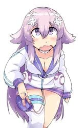 adult_neptune blush d-pad female hair_ornament highres hooded_track_jacket hoodie long_hair looking_at_viewer neptunia_(series) panties purple_eyes purple_hair solo source_request underwear vibrator vibrator_under_panties