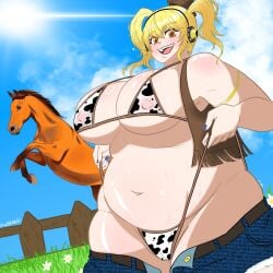 1girls 2020s 2025 2025s bbw belly_bigger_than_head big_belly big_breasts blonde blonde_female blonde_hair blonde_hair_female blue_fingernails blush chubby_female chunky clouds cow_print cow_print_bikini cowgirl denim denim_bottomwear denim_shorts fair-skinned_female fat fence flowers flowers_in_background greatblastarts headphones horse huge_breasts looking_down looking_down_at_viewer nipples_visible_through_clothing nitroplus outdoors outside plump pulling_up_panties pulling_up_underwear shiny_skin shorts_unzipped smiling_at_viewer sun sunlight sunny sunny_day super_pochaco super_sonico_(series) sweating sweaty_belly sweaty_body sweaty_breasts tassles thick_thighs thigh_cleavage thunder_thighs thunderthighs twitter_link venus_body watermark wooden_fence yellow_hair