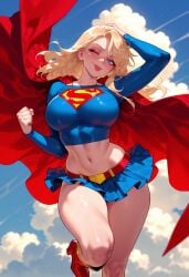 1girls :p ;p ai_generated arm_up artist_name balecxi belt blonde_hair blue_eyes blue_shirt blue_skirt blue_sky blush boots breasts cape clenched_hand closed_mouth clothing cloud cloudy_sky collarbone crop_top cropped_shirt curvaceous curvaceous_female curvaceous_figure curvy curvy_figure day dc dc_comics female female_focus female_only foot_out_of_frame footwear hand_on_own_head hand_up high_heels inviting inviting_to_sex kara_danvers kara_zor-el large_breasts leg_up linea_alba lips long_hair long_sleeves looking_at_viewer microskirt midriff miniskirt navel one_eye_closed outdoors pleated_skirt presenting presenting_ass presenting_breasts presenting_hindquarters presenting_self red_belt red_cape red_footwear seductive seductive_look seductive_smile shiny_skin shirt skirt sky smile solo standing stomach supergirl supergirl_(series) superhero superman_(series) taut_clothes taut_shirt thighs tongue tongue_out voluptuous voluptuous_female