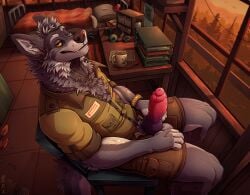 2024 animal_genitalia animal_penis anthro big_penis canid canine canine_genitalia canine_penis canis clothing erection fur genitals grey_body grey_fur hi_res inside knot looking_at_viewer male mammal penis ranger_(weredog) sitting smile solo tazara weredog_(company) wolf