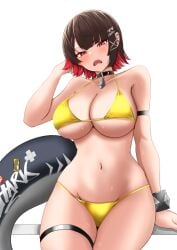 aizawa_u-ji angry arm_strap arm_up bikini black_choker black_hair blush bracelet breasts choker collarbone commentary ellen_joe eyebrows_hidden_by_hair facing_viewer female fins fish_tail jewelry large_breasts looking_at_viewer mole mole_under_eye multicolored_hair navel open_mouth red_hair shark_girl shark_tail sharp_teeth short_hair sitting solo streaked_hair swimsuit tail teeth thigh_strap thighs white_background yellow_bikini zenless_zone_zero