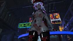 3d bandage bandaged_arm bandages collar cyberpunk futanari hard_cock looking_at_viewer outside red_beret silver_hair silver_haired_futa tail vrchat vrchat_avatar vrchat_model vrchat_penis