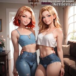 2femboys ai_generated beautiful blonde_hair blue_eyes bulge couple crop_top duo femboy feminine feminine_male gay green_eyes jean_shorts jeans kettleman red_hair seductive sexy shorts side_by_side trap twink