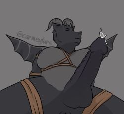 anthro big_penis bondage bound breasts carmeyfurs dragon ejaculation ender_dragon futanari genitals herm hi_res horn intersex low-angle_view microsoft minecraft mojang mythological_creature mythological_scalie mythology nipples penis restraints rope rope_bondage scalie solo xbox_game_studios