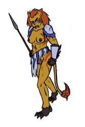 anthro digimon female half_naked lioness muscles nipples pierced ravencomb21 saberleomon scars spear warrior