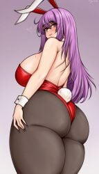 animal_ears ass ass_focus black_pantyhose breasts closed_mouth collarbone cowboy_shot female gradient_background grey_background hair_between_eyes highres huge_breasts leotard long_hair looking_at_viewer megamoo messy_hair mole mole_on_breast pantyhose playboy_bunny purple_hair rabbit_ears rabbit_girl rabbit_tail red_eyes red_leotard reisen_udongein_inaba sideboob signature simple_background smirk solo strapless strapless_leotard tail thick_thighs thigh_focus thighs three_quarter_view touhou turning_head white_collar white_wrist_cuffs wrist_cuffs