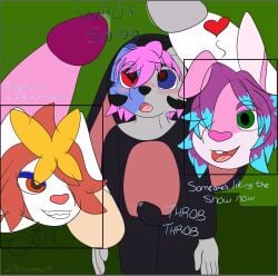 absurd_res anthro big_penis bird's-eye_view blush bodily_fluids canid canine canis cinderace clenched_teeth clothed clothing demon digital_media_(artwork) dragon english_text erection fur generation_4_pokemon generation_8_pokemon genital_fluids genitals grin gynomorph hair heart_eyes heart_symbol hi_res high-angle_view horn hybrid intersex intersex/male lagomorph leporid lopunny male mammal mythological_creature mythological_scalie mythology nintendo open_mouth penis pokemon pokemon_(species) precum presenting rabbit scalie simple_background smile teeth text tongue white_body white_fur wolf zetsu_(zetsuyoshi) zetsuyoshi