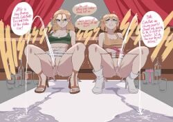 2girls anus bella_(biku) big_breasts biku blonde_hair blue_eyes bow bow_panties breasts brown_footwear cleavage clenched_teeth contest earrings empty_bottle empty_glass english_text green_shirt hoop_earrings large_breasts long_hair open_toe_footwear open_toe_shoes original peeing peeing_on_floor pink_panties pink_underwear pissing pissing_contest pissing_on_floor priss_(biku) pussy sandal_heels sandals short_hair skirt skirt_lift skirt_up speech_bubble spread_legs squatting stage stained_panties striped striped_skirt sweat text text_bubble underwear urination vagina wet wet_panties white_footwear white_panties white_skirt white_underwear yellow_shirt