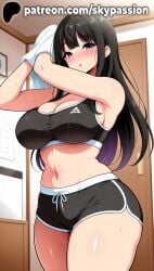 1girls 2025 ai_assisted ai_generated anime armpits arms_up artist_name bangs belly big_breasts big_chest black_hair black_shorts black_tank_top blush breasts bust busty chest clothed_female eyebrows_visible_through_hair female female_focus female_only hi_res high_quality high_resolution highres indoors inoue_takina large_breasts long_hair looking_at_viewer lycoris_recoil navel patreon patreon_username plump purple_eyes short_shorts shorts skypassion solo sports_bra sports_shorts sports_uniform sportswear stable_diffusion sweat tank_top thick_thighs thighs towel watermark