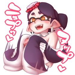 1boy 1girls artist_request black_hair callie_(splatoon) detached_collar drooling earrings food food_on_head gloves hamagurimaguro heart heart-shaped_pupils human humanoid interspecies jewelry male_human/female_humanoid object_on_head open_mouth orange_eyes penis pointy_ears saliva splatoon spoken_heart squid_sisters straight symbol-shaped_pupils tentacle_hair tentaclejob text white_background white_gloves