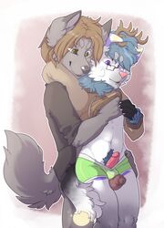 anthro boxers canine circumcised erection eyewear fur furry glasses green_eyes hybrid looking_down mammal navel neck_tuft penis piercing pubes purple_eyes shirt shirt_lift simple_background tobicakes tuft uncut underwear wolf yaoi