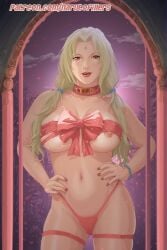 1girls ai_generated blonde_hair choker cleavage curvy curvy_female female female_focus forehead_mark gift_bow half_naked hands_on_hips high_resolution highres naruto naruto_(series) naruto_shippuden narutofillers owned patreon semi_nude sexy sexy_clothing sexy_pose thick_hips thick_thighs thong tsunade tsunade_senju twintails voluptuous voluptuous_female watermark