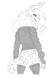 2025 4_ears 4_horns anthro ass bedroom_eyes biped bottomless bottomless_anthro bottomless_female charr claws clothed clothing digital_media_(artwork) fangs felid female female_anthro finger_claws genitals greyscale guild_wars halbean half-closed_eyes hi_res horn jacket leather leather_clothing leather_jacket leather_topwear legwear looking_at_viewer looking_back looking_back_at_viewer mammal monochrome multi_ear multi_horn narrowed_eyes portrait pubes pupils pussy seductive simple_background slit_pupils solo teeth thigh_highs three-quarter_portrait topwear white_background