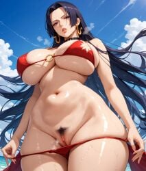 1girls ai_generated alex-schura areolae bangs bare_shoulders beach bikini bikini_pull black_choker black_hair blue_eyes blue_sky blush boa_hancock breasts choker clavicle cleavage cleft_of_venus clothes_pull clothing cloud cloudy_sky curvaceous curvaceous_female curvaceous_figure curvy curvy_female curvy_figure day earrings erect_nipples female female female_focus female_only female_pubic_hair forehead from_below groin huge_breasts inviting inviting_to_sex jewelry large_breasts light-skinned_female lips long_hair looking_at_viewer looking_down navel nipples o-ring ocean one_piece outdoors parted_bangs parted_lips presenting presenting_ass presenting_breasts presenting_hindquarters presenting_pussy presenting_self pubic_hair pulled_by_self pussy red_bikini red_swimsuit sarong seductive seductive_look seductive_smile shiny_skin skindentation sky smile solo standing stomach string_bikini sweat swimsuit swimsuit_pull thick_thighs thigh_gap thighs underboob vagina very_long_hair voluptuous voluptuous_female wading wardrobe_malfunction water wet wide_hips