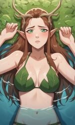 1girls ai_generated antlers ass bigmic145 bikini breasts brown_hair critical_role critical_role:_vox_machina curvy elf elf_ears female female_only freckles green_eyes keyleth leaf_bikini leaf_clothing long_hair pointy_ear the_legend_of_vox_machina