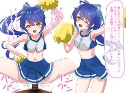1boy 1girls amamiya_kokoro bar_censor blue_hair cheerleader crop_top female hairbow male_pubic_hair multiple_views navel nijisanji penis pom_pom_(cheerleading) sex sound_effects speech_bubble translation_request uranai virtual_youtuber white_background yellow_eyes