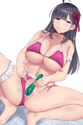 absurdres ahoge bikini black_hair breasts closed_mouth commission female hair_ribbon highres holding huge_breasts long_hair mizunashi_kenichi navel original pink_bikini pink_ribbon pixiv_commission purple_eyes pussy ribbon solo squatting swimsuit white_background
