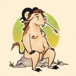 animal_genitalia anthro ball_tuft belly_tuft bovid bovid_horn brown_body brown_fur brown_hair caprine caprine_horn casual_exposure casual_nudity chest_tuft fur genitals goat grass hair hand_on_knee hand_on_leg hay hooves horn humanoid long_hair looking_away male male_only mammal nipples on_rock pink_nipples plant ram_horn rock sheath simple_background sitting sitting_on_rock solo spread_legs spreading straw_(disambiguation) tan_body tan_fur tuft vickydanne