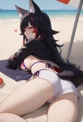ai_generated ass ass_focus beach black_hair curvy fat_ass flirting hexd hololive hololive_gamers hololive_japan large_breasts laying_on_stomach multicolored_hair ocean ookami_mio orange_eyes posing_for_the_viewer red_hair showing_off showing_off_ass side_boob smiling_at_viewer smirk virtual_youtuber wolf_ears wolf_girl