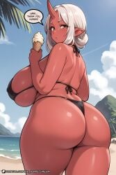 ai_assisted ai_generated ass beach big_ass big_breasts bikini breasts curvaceous curvy doppelgänger_ai english_text female huge_breasts ice_cream milf oni oni_female oni_horns pointy_ears red_skin sfw speech_bubble text tied_hair updo white_hair yellow_eyes