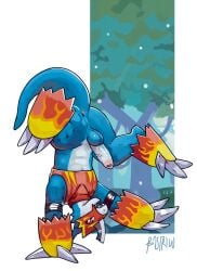 anthro armor ass balls bandai_namco bastriw blue_body clothing digimon digimon_(species) digital_media_(artwork) erection flamedramon genitals hasbro hi_res humanoid_genitalia humanoid_penis male penis red_eyes shirt solo tail topwear upside-down
