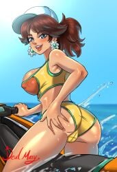 1girls ass big_ass big_breasts blue_eyes bottomwear breasts brown_hair devilmarie ear_piercing earrings female female_only flower_earrings hair hand_on_ass hat headwear huge_breasts jetski looking_back mario_(series) mario_kart mario_kart_world nintendo nipple_bulge princess_daisy princess_daisy_(swimwear) smile solo solo_female swimwear thighs topwear