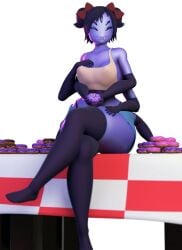 3d 5_eyes alternate_version_at_source alternate_version_available big_breasts breasts casual donut donuts fangs female gloves miniskirt monster_girl muffet spider_girl thick_thighs thighhighs undertale undertale_(series) xionxiii