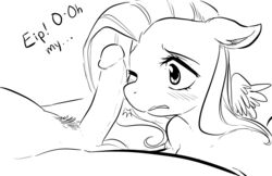 anthro balls blush duo english_text equine female fluttershy_(mlp) friendship_is_magic fur glo-in-the-dark hair long_hair lying male mammal monochrome my_little_pony one_eye_closed pegasus penis penis_on_face pubic_hair simple_background straight straight_hair text white_background wings