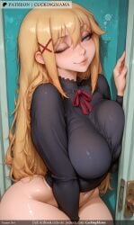 ;) ai_generated bangs between_legs blonde_hair blue_eyes blush bottomless breast_press breasts closed_mouth cuckingmama female flying_sweatdrops hair_ornament hairclip hand_between_legs large_breasts long_hair long_sleeves looking_at_viewer one_eye_closed red_ribbon ribbon sleepy smile solo tagme waking_up x_hair_ornament