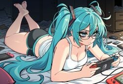 1girls ai_generated bags_under_eyes female femcel hatsune_miku messy nintendo_switch shewwwhore vocaloid