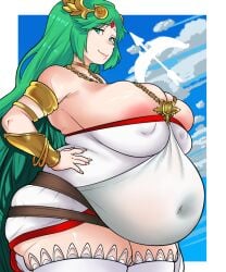 1girls areola_slip bbw cleavage darksideb female female_only gigantic_breasts green_hair huge_belly huge_breasts looking_at_viewer nintendo overweight overweight_female palutena revealing_clothes solo solo_female standing tight_clothing