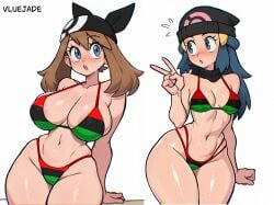 big_breasts bikini bikini_bottom bikini_top blacked blacked_clothing bnwo breasts dawn_(pokemon) interracial may_(pokemon) may_(pokemon_oras) medium_breasts nintendo pan_african_colors peace_sign pokemon small_breasts thick_thighs white_background