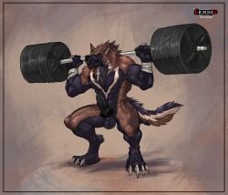 <arfang_ragnarok_fenrisulfr> 4_toes abs absurd_res animal_genitalia animal_penis anthro areola balls barazoku barbell barbell_squats bench biceps big_balls big_muscles big_pecs big_penis biped black_claws black_finger_claws black_nose black_pawpads black_toe_claws brown_body brown_fur canid canine canine_genitalia canine_penis canis ceiling claws countershade_face countershade_fur countershade_torso countershading crouching deltoids detailed_background digital_media_(artwork) digitigrade ear_piercing ear_ring erection exercise eyebrows feet finger_claws fingerpads fingers floor fur genital_piercing genitals green_eyes green_necktie grin grinning_at_viewer gym hi_res huge_cock huge_muscles humanoid_hands inside knot knotted_penis lerionproject looking_at_viewer male male_anthro mammal mostly_nude mostly_nude_anthro mostly_nude_male muscular muscular_anthro muscular_male necktie necktie_only nipples nude_workout pawpads pecs penis penis_piercing piercing pink_penis portrait prince_albert_piercing quads ring_piercing signature smile smiling_at_viewer solo tail tan_balls tan_body tan_eyebrows tan_fur tan_inner_ear teeth three-quarter_view toe_claws toes weight_rack weightlifting weights wolf workout