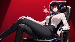 1girl 1girls ai_generated au_ra beautiful big_breasts black_hair black_tie blue_scales braid braided_hair breasts button_down_shirt chainsaw_man cleavage cleavage_window confident crossed_legs curvy dominant dominant_female dragon dragon_girl dress_pants dress_shirt dressed dripping dripping_water dripping_wet elegant evil_grin final_fantasy_xiv formal_wear glowing_eyes hair_over_shoulder hand_on_leg heels highres horns inviting lizard lizard_girl makima makima_(chainsaw_man) makima_(chainsaw_man)_(cosplay) nipples nipples_visible_through_clothing office_chair office_lady red_background red_eyes rukiakira scales short_hair sitting slim_waist smirk smug sparkles spiral_eyes spotlight suggestive tail teeth teeth_showing thighs tied_hair wet wet_clothes wet_hair wet_shirt wet_skin white_body xaela