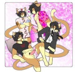anthro balls black_hair bodily_fluids clothed clothing crossed_arms dipstick_tail domestic_cat erection felid feline felis fingers genital_fluids genitals glans hair hi_res humanoid_genitalia humanoid_penis male mammal markings munkeesgomu munks_(munkeesgomu) nurse_clothing penis precum pubes solo tail tail_markings