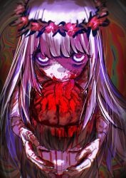 2girls absurdres blood blood_on_face blood_on_hands brain brown_hair closed_eyes closed_mouth crazy_eyes eating flower guro hair_flower hair_ornament hand_on_another's_face highres jinba_(jinbarta2) multiple_girls open_mouth original pink_flower seams white_eyes white_hair