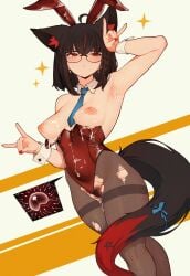 absurdres ahoge animal_ears armpit_focus armpits black-framed_eyewear black_hair blue_necktie blue_ribbon braid breasts clothing_aside commentary covered_navel crossed_bangs cum cum_in_pussy cum_on_armpits cum_on_body cumdrip detached_collar double_fox_shadow_puppet earrings english_commentary female female_pubic_hair fox_ears fox_shadow_puppet fox_tail glasses hand_up highres hololive jewelry kurokami_fubuki leotard leotard_aside looking_at_viewer medium_breasts multicolored_hair nail_polish necktie oerba_yun_fang one_eye_closed pantyhose pentagram playboy_bunny presenting_armpit pubic_hair pubic_hair_peek rabbit_ears red_eyes red_hair red_leotard red_nails ribbon ring smile solo sparkle streaked_hair sweat tail torn_clothes torn_pantyhose varniskarnis virtual_youtuber wedding_ring wrist_cuffs