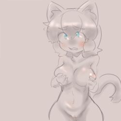 2015 animal_humanoid blue_eyes blush breast_grab breast_squeeze breasts cat_humanoid cute feline feline female hand_on_breast hi_res humanoid mammal monochrome nipples nude purple_background pussy simple_background solo tomo_(artist)