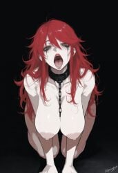 1girls ai_generated areolae bad_end black_background blank_eyes blank_stare chain_leash collar completely_nude completely_nude_female green_eyes kizirugai large_areolae large_breasts long_hair looking_at_viewer nipples on_all_fours open_mouth pale-skinned_female pale_skin pyrrha_nikos red_hair running_mascara runny_makeup rwby simple_background slave slave_collar solo solo_female submissive submissive_female tagme
