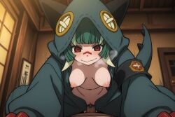 1boy 1girl ai ai_art ai_generated animal_costume armband blunt_bangs blush breasts closed_mouth cowgirl_position facepaint girl_on_top green_hair hetero hood hood_up indoors long_sleeves looking_at_viewer medium_breasts navel nipples onesie open_clothes penis personification pov pussy red_eyes scar_on_face sex short_hair smile solo_focus straddling tail uncensored vaginal